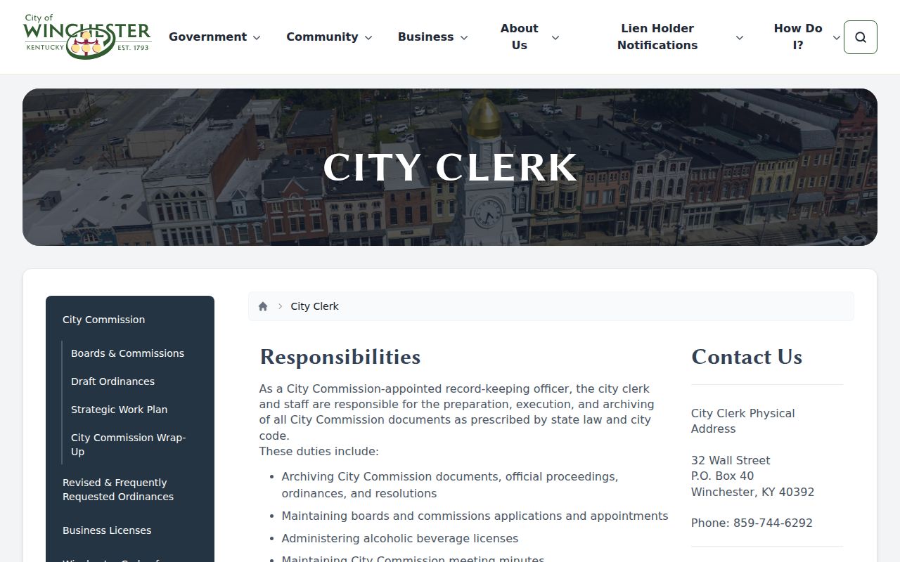 Winchester criminal records contact at the City Clerk and City Hall