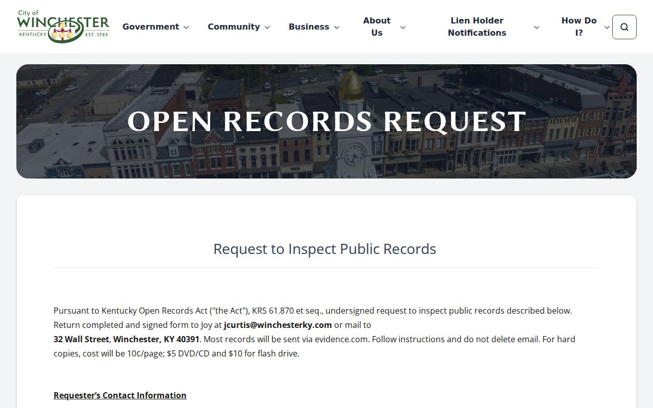 Winchester criminal record SmartForm for online open records requests