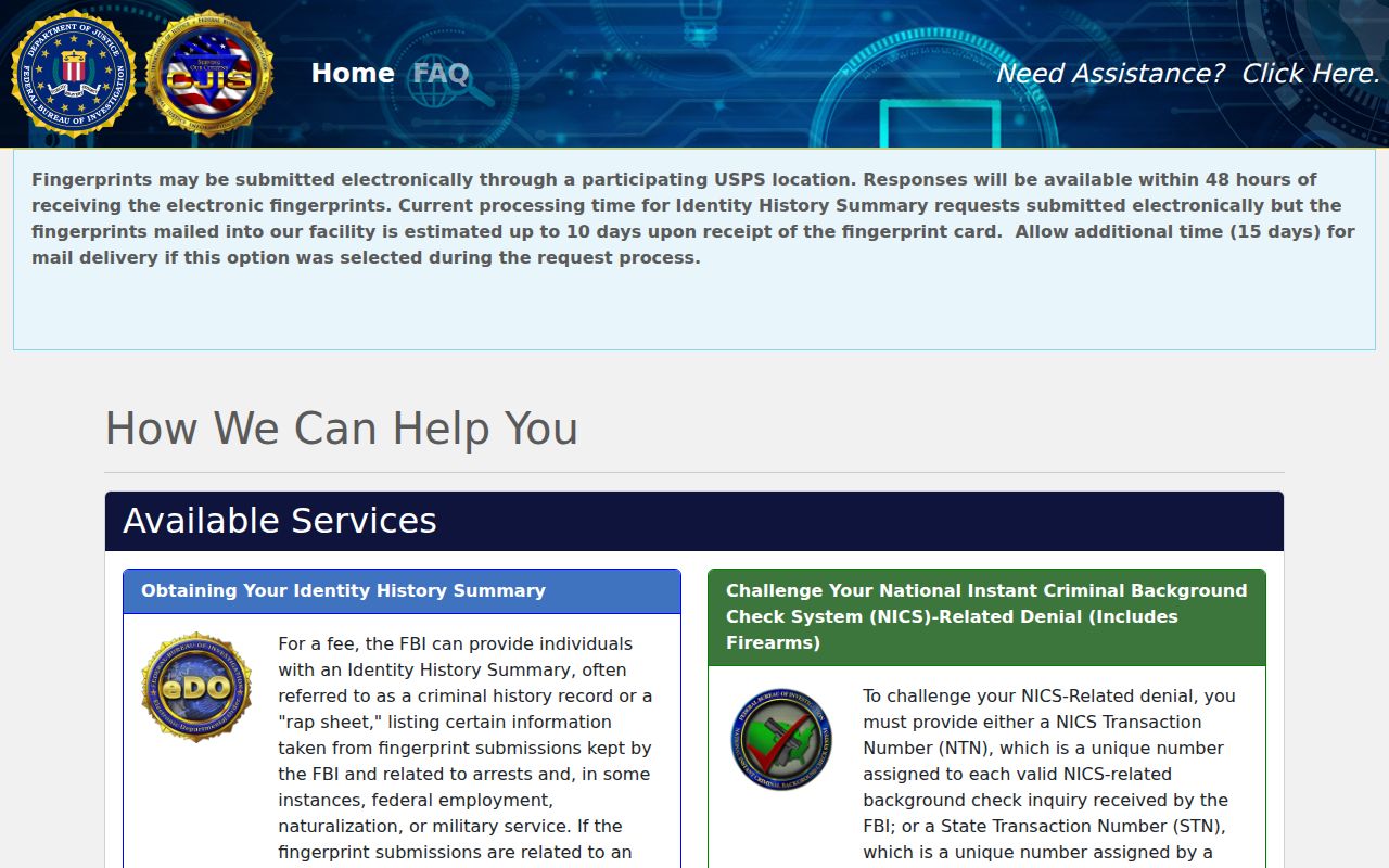 Clark County criminal history and FBI electronic identity record request